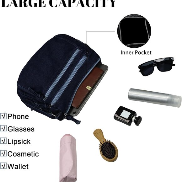 Denim Purse for Women Cotton Large Capacity Casual Crossbody Shoulder Bag - Picture 4 of 6